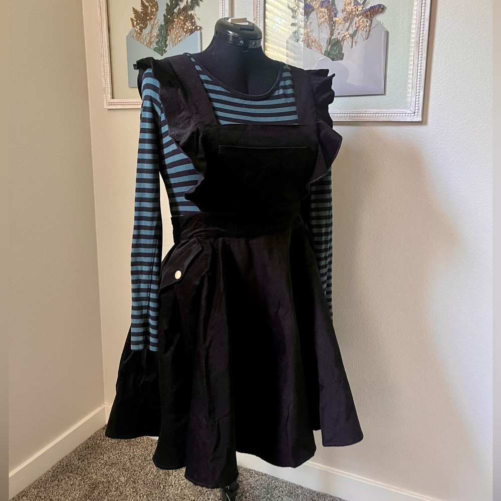 Unique Vintage Black Corduroy Pinafore Skirt